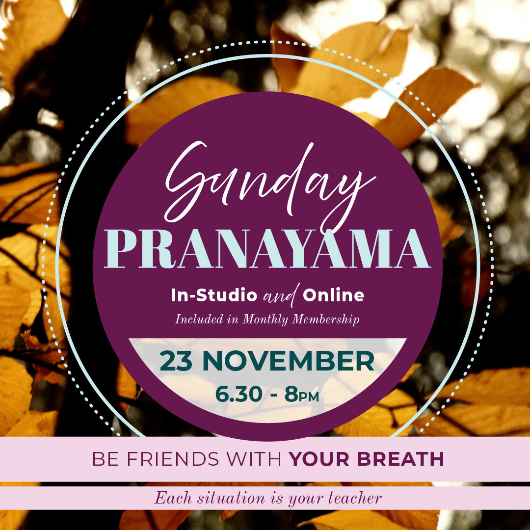 Promo graphic for November 23 Pranayama class at Hereford Yoga Centre, text details within a burgundy circle with close-up of autumnal leaves in background.