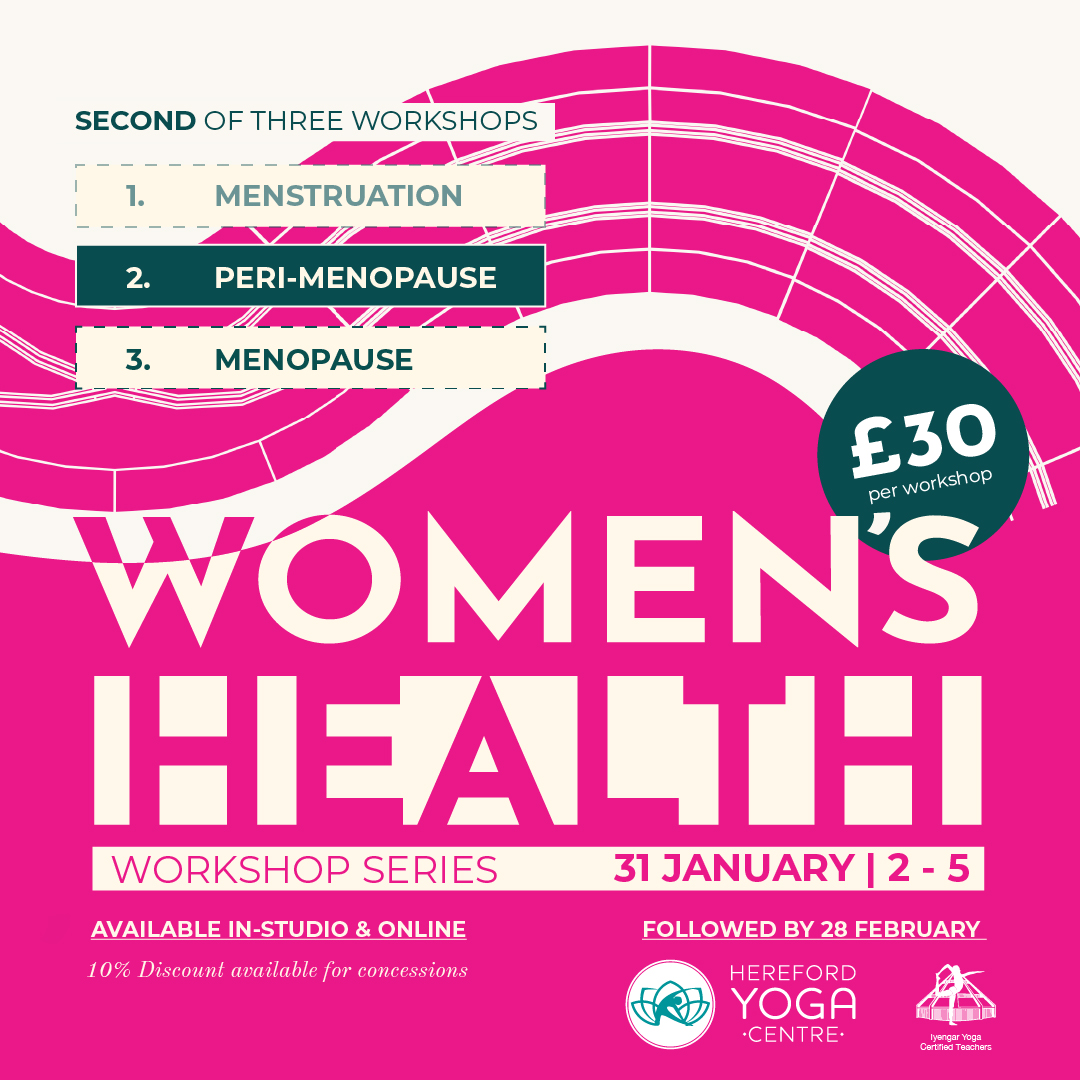 Promo graphic for Women's Health workshop with Hereford Yoga Centre. Details in bold text over a bright pink and cream contrasting coloured background with pink cureved pattern. 