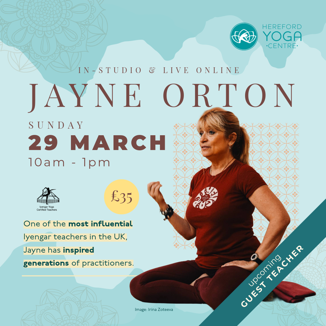 Jayne Orton workshop, promo graphic. Seated image of Jayne over turquoise background with decorative elements.