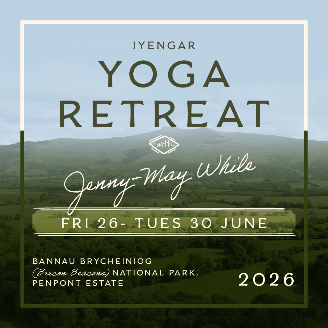 Promo graphic for Jenny-May's yoga retreat at Penpont. Details overlaid image of Bannau Brycheiniog.